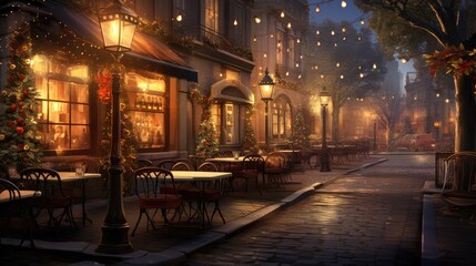  a painting of a city street at night with christmas lights on the windows and tables and chairs on the sidewalk.