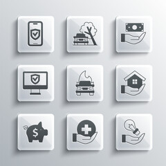 Set Life insurance, Light bulb hand, House, Burning car, Piggy bank, Insurance online, and Money with shield icon. Vector