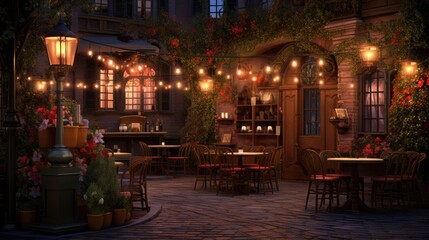  a night scene of a patio with tables and chairs and lights hanging from the ceiling and potted plants on either side of the patio.