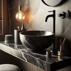 Modern bathroom sink with black marble counter