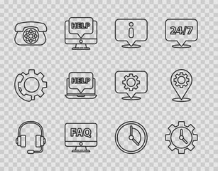 Set line Headphones, Time Management, Information, Computer monitor and FAQ, Telephone, Laptop help, and Location with gear icon. Vector © Kostiantyn