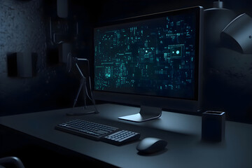 3D rendering of a dark room with a computer and a mouse