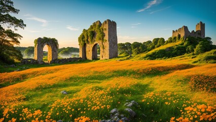 Ancient gate ruins, at orange flower meadow in the evening. Three ruins, partially covered by plants, on a wide hill with flowers and distant trees.