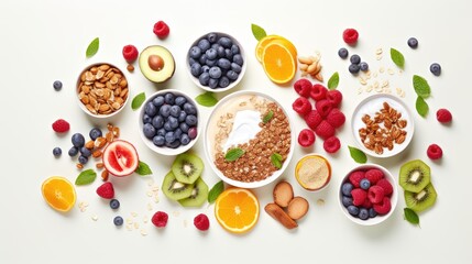  a variety of fruits, cereals, and yogurt are arranged in bowls on a white table top.