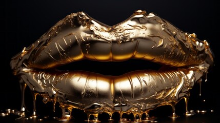 Gold lips showcased in a 3D rendering on a black background.