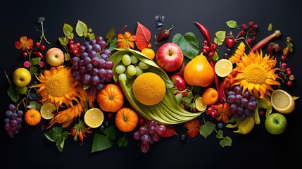 Obraz na płótnie Canvas a bunch of fruits and vegetables are arranged in a horizontal arrangement on a black background with leaves, berries, oranges, apples, and sunflowers.
