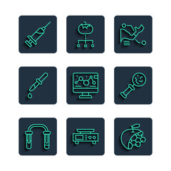 Set line Test tube and flask, Electronic scales, Biological structure, Prosthesis hand, Genetic engineering modification, Pipette, Syringe and Microorganisms under magnifier icon. Vector