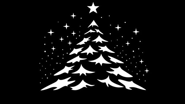  a black and white picture of a christmas tree with stars and snowflakes on the top of the tree.
