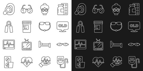 Set line IV bag, Eyeglasses, Nursing home, Grandmother, Medicine bottle pills, Sport expander, Hearing aid and icon. Vector