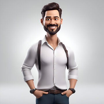 Portrait of handsome young hipster man with beard wearing suspenders and bow tie.