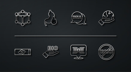 Set line Molecule, Blood test and virus, Hand holding Earth globe, DNA symbol, Bio healthy food, Stomach heartburn, No GMO and icon. Vector