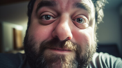 Obraz premium an ordinary slightly plump man making selfie outdoors. Portrait of a middle-aged happy guy on the street