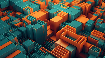 Teal and orange 3D abstract background texture.