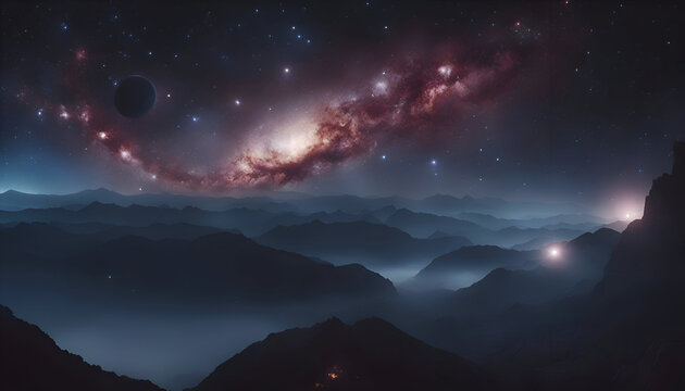 Mountain landscape with stars and nebula in the night sky.