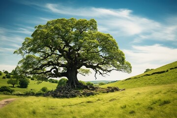 An ancient oak tree with sprawling branches, standing alone in a field of green