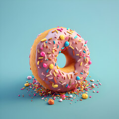 Donut with sprinkles on a blue background. 3d rendering