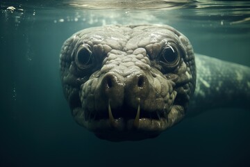 An anaconda submerged in water, with just its head visible - obrazy, fototapety, plakaty