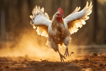 An action shot of a chicken flapping its wings, caught in mid-motion