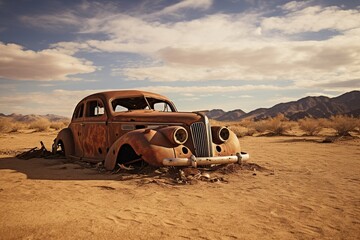 An abandoned vintage car half-buried in the desert, succumbing to rust and time