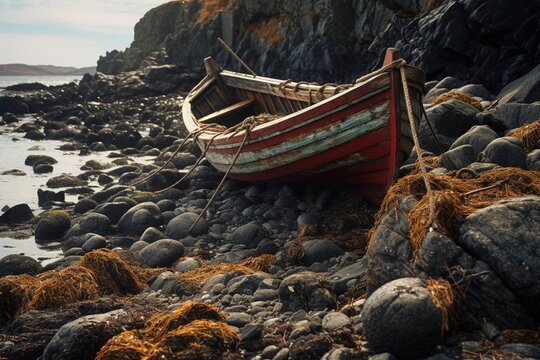 An abandoned, weather-beaten wooden boat lying among jagged rocks and tide pools