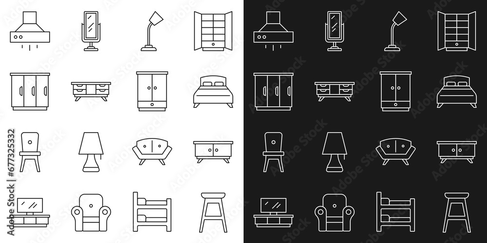 Sticker Set line Chair, Furniture nightstand, Big bed, Table lamp, TV table, Wardrobe, Kitchen extractor fan and icon. Vector