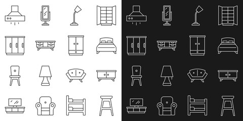 Set line Chair, Furniture nightstand, Big bed, Table lamp, TV table, Wardrobe, Kitchen extractor fan and icon. Vector
