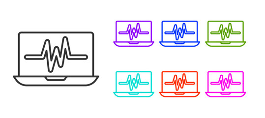Fototapeta premium Black line Laptop with cardiogram icon isolated on white background. Monitoring icon. ECG monitor with heart beat hand drawn. Set icons colorful. Vector