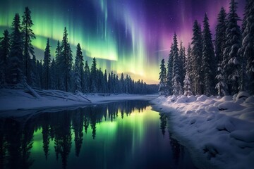 Aurora Borealis reflected in a frozen lake surrounded by snow-covered pine trees