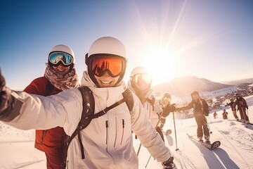 A group of happy smiling friends with ski googles looked at camera in the Ski resort. Beautiful winter sunny day - obrazy, fototapety, plakaty
