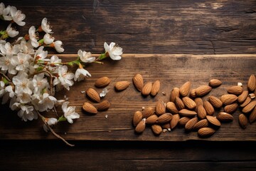 Almonds clustered atop a rustic wooden slab