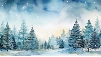 Obraz premium a watercolor painting of a winter scene with snow falling on the ground and evergreen trees in the foreground.