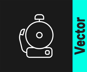 White line Ringing alarm bell icon isolated on black background. Alarm symbol, service bell, handbell sign, notification symbol. Vector