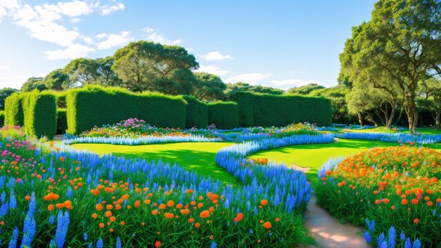 Blue lupins park. A colorful park with blue, orange and pink flowers, with high hedges and trees. blue cloudy sky.
