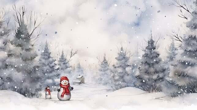  a painting of a snow scene with a snowman and a fire hydrant in the foreground and trees in the background.