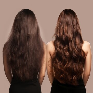Viewed from the back, there are two pictures of a woman with long hair. In the first image, the hair appears messy and damaged, contrasting with the second picture where it looks silky and beautiful.