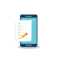 Check list document on smartphone, smartphone with paper check list and to do list with checkboxes, concept of survey, online quiz, completed things or done test, feedback. - obrazy, fototapety, plakaty