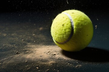 A close-up of a tennis ball with chalk dust, post-line call - obrazy, fototapety, plakaty