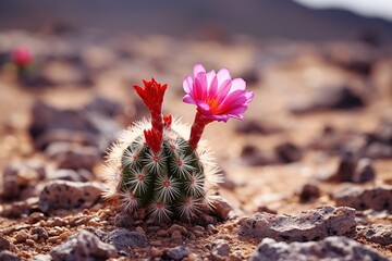 A close-up of a vibrant cactus flower blooming against a barren landscape