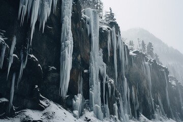 A cascade of icicles hanging from the edge of a mountain cliff