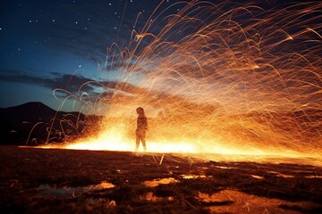 A cascade of sparks from a summer bonfire against the night sky