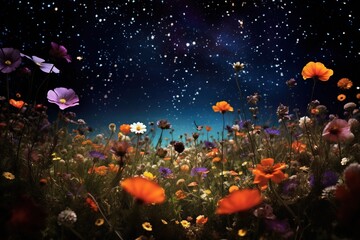 Fototapeta na wymiar A carpet of wildflowers under a clear, starlit night sky