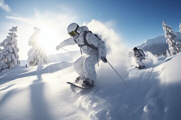 People with ski googles snowboarding in the Ski resort. Beautiful winter sunny day - obrazy, fototapety, plakaty