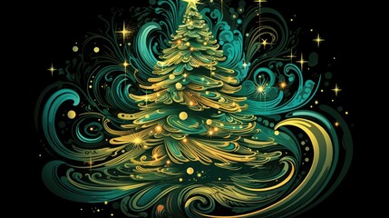  a christmas tree with stars and swirls on a black background with a star in the middle of the tree.