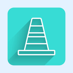 White line Traffic cone icon isolated with long shadow background. Green square button. Vector