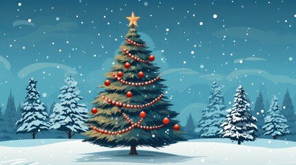  a christmas tree in a snowy landscape with a star on top of it and red balls hanging from the top of the tree.