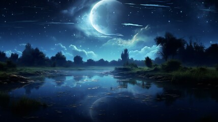 Fototapeta na wymiar a full moon is seen reflected in water on a night