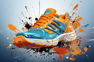 Illustration of a running sneaker with splashes and blots. ia generative - obrazy, fototapety, plakaty