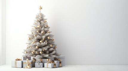  a white christmas tree with gold ornaments and presents in front of a white wall with a gold star on top.