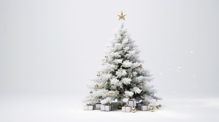  a white christmas tree with presents under it and a gold star on top of the top of the christmas tree.
