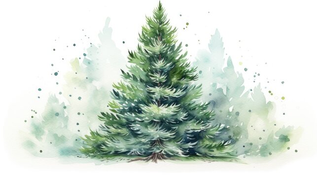  a watercolor painting of a pine tree with green leaves on the top and bottom of the tree, on a white background.